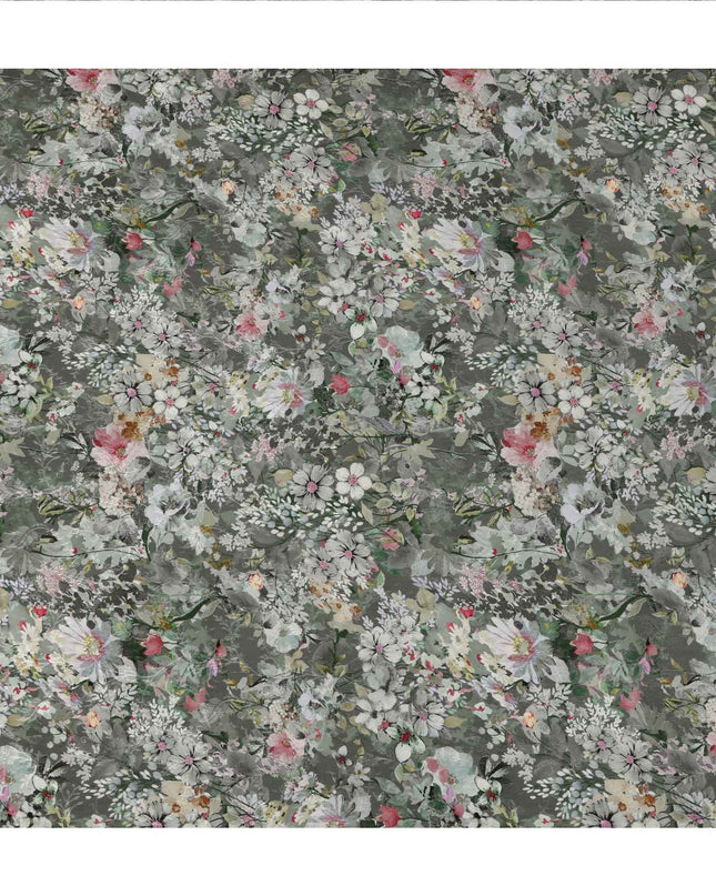 قماش كريب فيسكوز رمادي فحمي مطبوع عليه زهور، مزين بالكامل بنقشة زهور نباتية باللونين الأبيض والوردي، عرض 110 سم، صنع في الهند - D23446