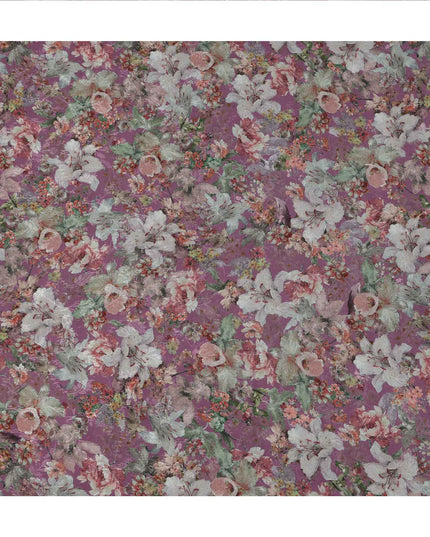 قماش كريب فيسكوز مطبوع عليه زهور بنفسجية أرجوانية، تصميم أزهار عتيقة مع لمسات من النعناع والورد، عرض 110 سم، صنع في الهند - D23447