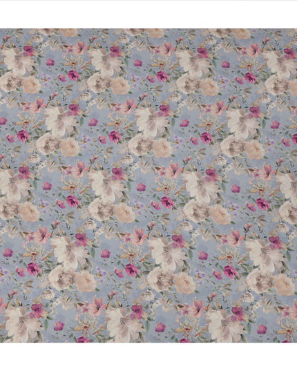 قماش كريب فيسكوز مطبوع عليه زهور بلون أزرق بنفسجي، تصميم زهور ناعم مع لمسات بيج وأرجواني، عرض 110 سم، صنع في الهند - D23448