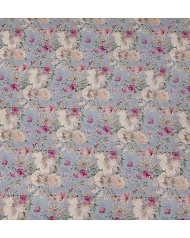 قماش كريب فيسكوز مطبوع عليه زهور بلون أزرق بنفسجي، تصميم زهور ناعم مع لمسات بيج وأرجواني، عرض 110 سم، صنع في الهند - D23448