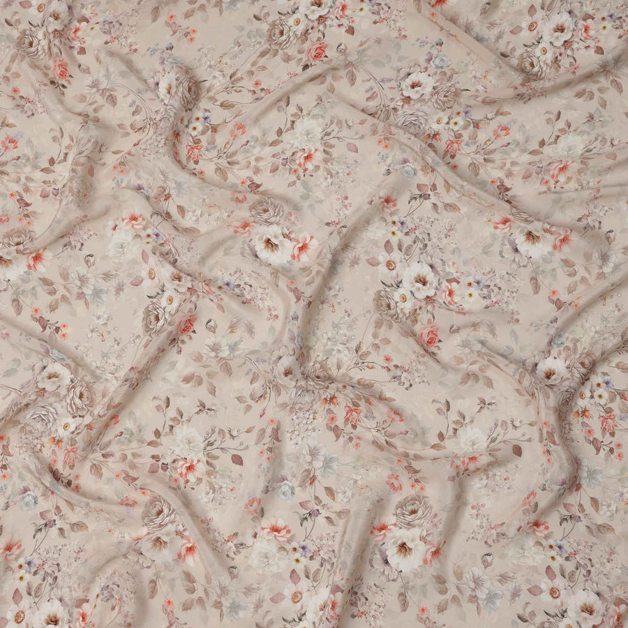 Beige Floral Printed Viscose Crepe Fabric, Soft Vintage Bloom Design with Rust and Taupe Accents, 110 Cms Width, Made in India-D23450