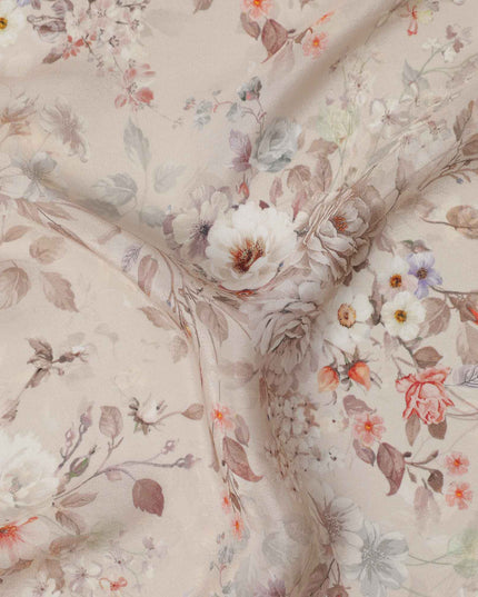Beige Floral Printed Viscose Crepe Fabric, Soft Vintage Bloom Design with Rust and Taupe Accents, 110 Cms Width, Made in India-D23450