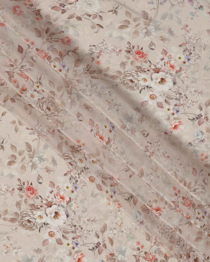 Beige Floral Printed Viscose Crepe Fabric, Soft Vintage Bloom Design with Rust and Taupe Accents, 110 Cms Width, Made in India-D23450