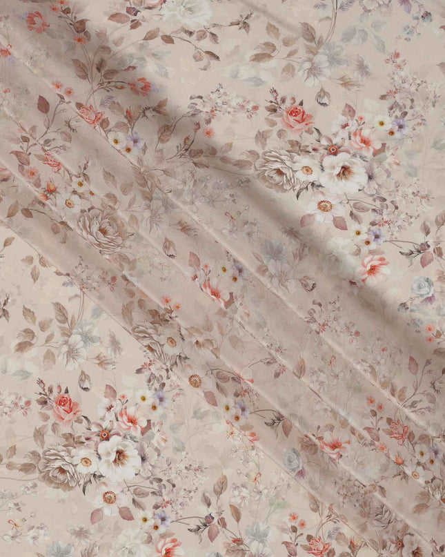 Beige Floral Printed Viscose Crepe Fabric, Soft Vintage Bloom Design with Rust and Taupe Accents, 110 Cms Width, Made in India-D23450