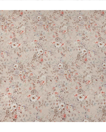 Beige Floral Printed Viscose Crepe Fabric, Soft Vintage Bloom Design with Rust and Taupe Accents, 110 Cms Width, Made in India-D23450
