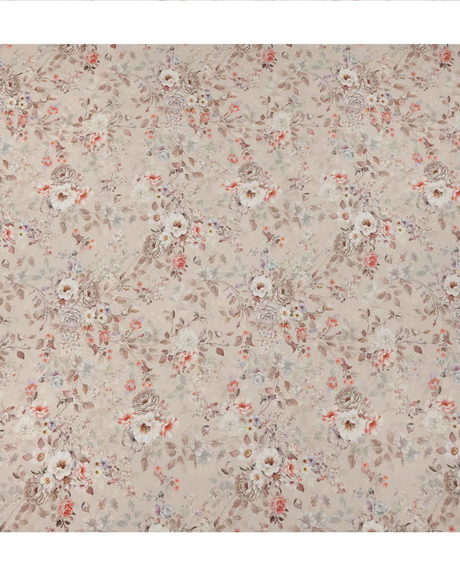 Beige Floral Printed Viscose Crepe Fabric, Soft Vintage Bloom Design with Rust and Taupe Accents, 110 Cms Width, Made in India-D23450