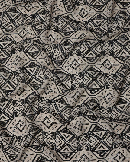 Beige and Black Tribal Geometric Printed Viscose Crepe Fabric, Ethnic Aztec-Inspired Motifs, 110 Cms Width, Made in India-D23454