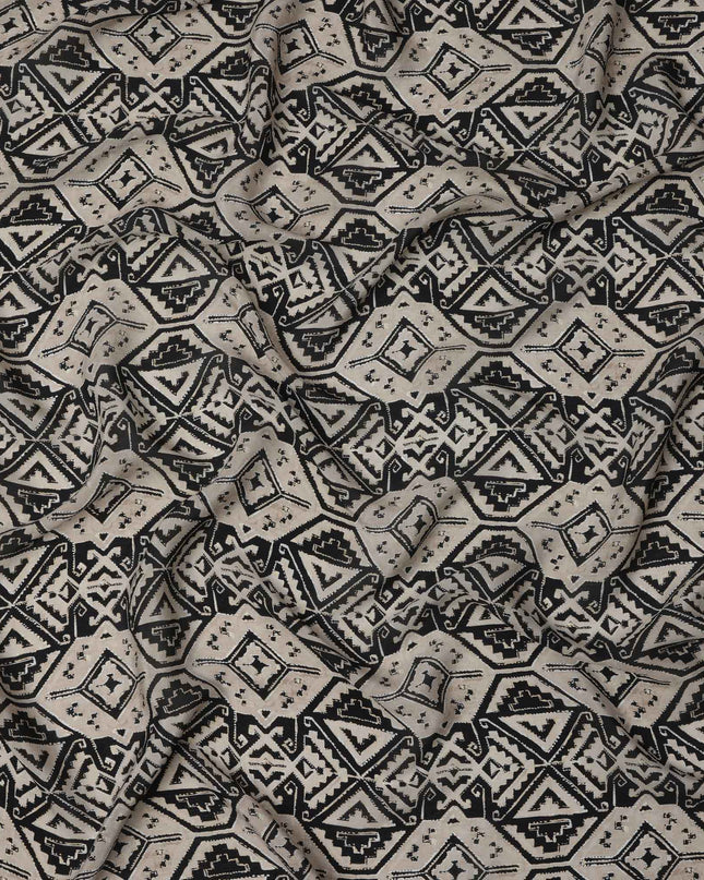 Beige and Black Tribal Geometric Printed Viscose Crepe Fabric, Ethnic Aztec-Inspired Motifs, 110 Cms Width, Made in India-D23454