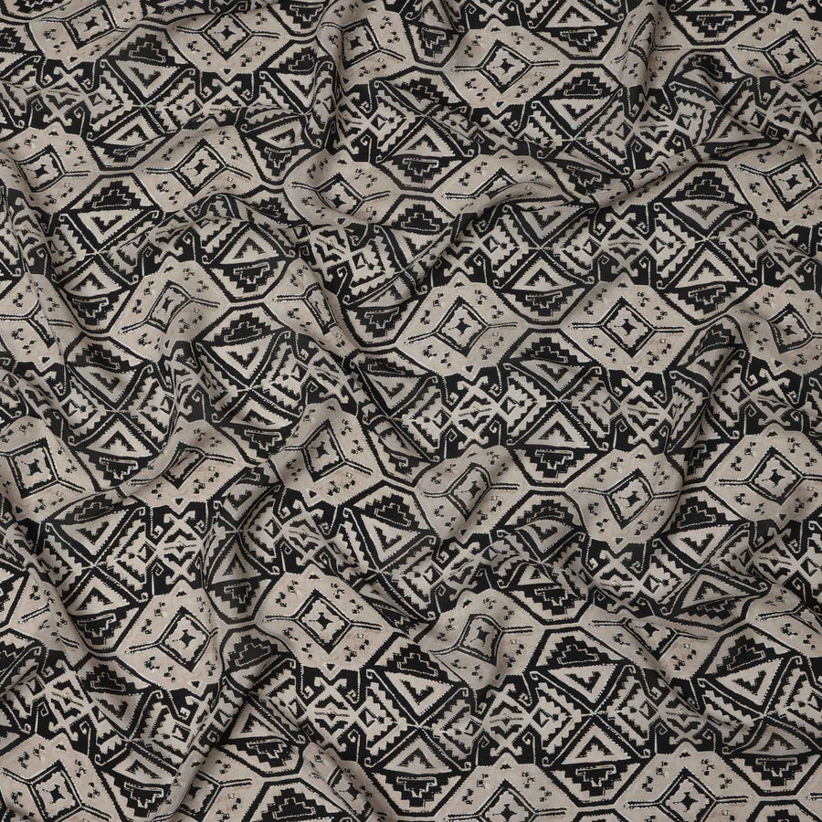 Beige and Black Tribal Geometric Printed Viscose Crepe Fabric, Ethnic Aztec-Inspired Motifs, 110 Cms Width, Made in India-D23454