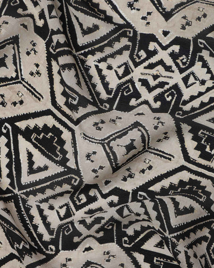 Beige and Black Tribal Geometric Printed Viscose Crepe Fabric, Ethnic Aztec-Inspired Motifs, 110 Cms Width, Made in India-D23454