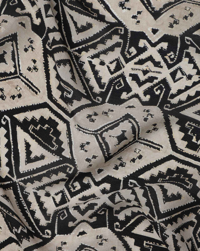 Beige and Black Tribal Geometric Printed Viscose Crepe Fabric, Ethnic Aztec-Inspired Motifs, 110 Cms Width, Made in India-D23454