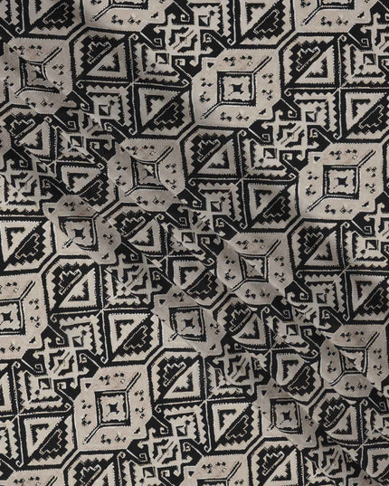 Beige and Black Tribal Geometric Printed Viscose Crepe Fabric, Ethnic Aztec-Inspired Motifs, 110 Cms Width, Made in India-D23454