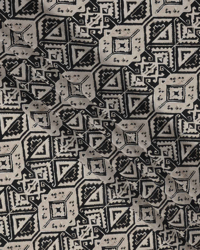 Beige and Black Tribal Geometric Printed Viscose Crepe Fabric, Ethnic Aztec-Inspired Motifs, 110 Cms Width, Made in India-D23454