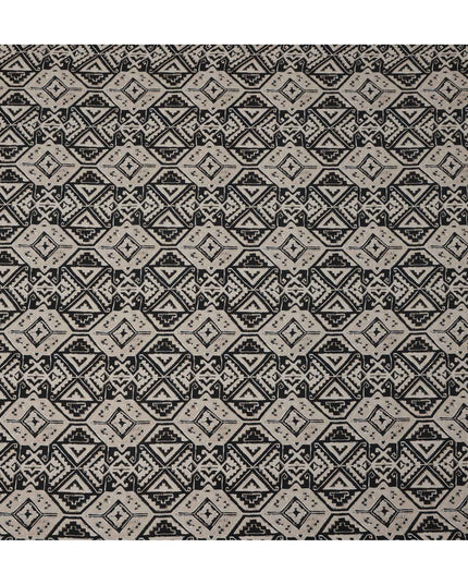 Beige and Black Tribal Geometric Printed Viscose Crepe Fabric, Ethnic Aztec-Inspired Motifs, 110 Cms Width, Made in India-D23454