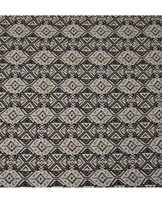 Beige and Black Tribal Geometric Printed Viscose Crepe Fabric, Ethnic Aztec-Inspired Motifs, 110 Cms Width, Made in India-D23454