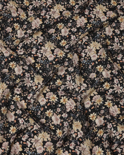 Black Multicolor Floral Printed Viscose Crepe Fabric, Delicate Botanical Pattern with Beige and Yellow Blossoms, 110 Cms Width, Made in India-D23455
