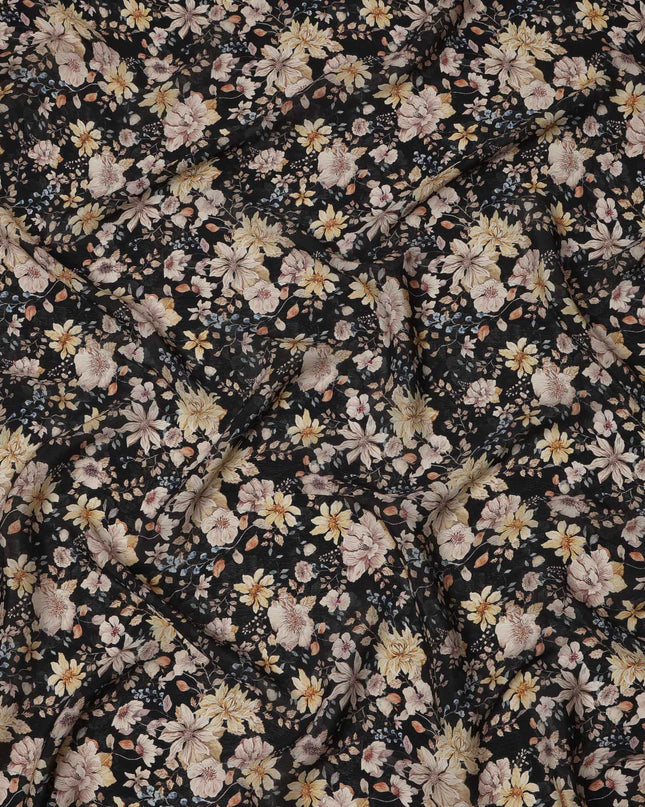 Black Multicolor Floral Printed Viscose Crepe Fabric, Delicate Botanical Pattern with Beige and Yellow Blossoms, 110 Cms Width, Made in India-D23455