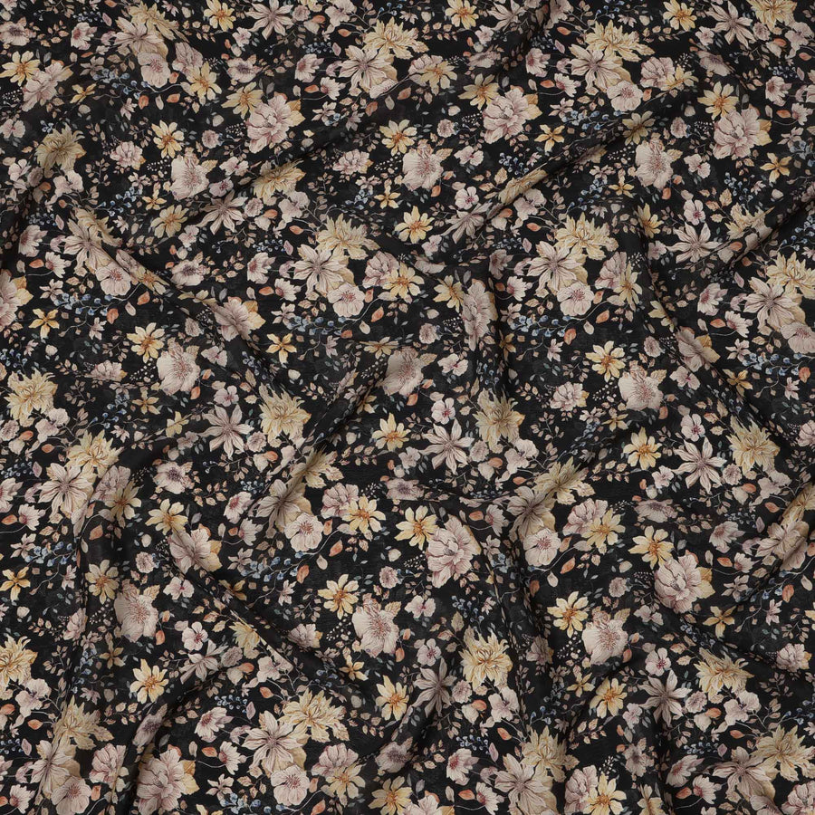 Black Multicolor Floral Printed Viscose Crepe Fabric, Delicate Botanical Pattern with Beige and Yellow Blossoms, 110 Cms Width, Made in India-D23455