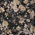 Black Multicolor Floral Printed Viscose Crepe Fabric, Delicate Botanical Pattern with Beige and Yellow Blossoms, 110 Cms Width, Made in India-D23455