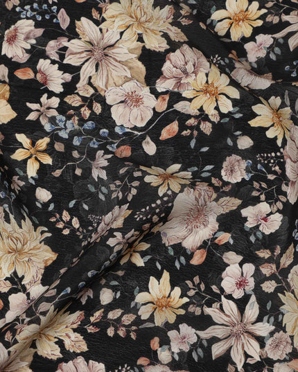 Black Multicolor Floral Printed Viscose Crepe Fabric, Delicate Botanical Pattern with Beige and Yellow Blossoms, 110 Cms Width, Made in India-D23455