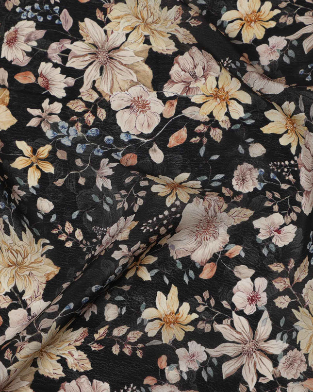 Black Multicolor Floral Printed Viscose Crepe Fabric, Delicate Botanical Pattern with Beige and Yellow Blossoms, 110 Cms Width, Made in India-D23455