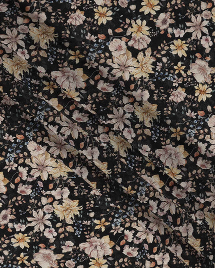 Black Multicolor Floral Printed Viscose Crepe Fabric, Delicate Botanical Pattern with Beige and Yellow Blossoms, 110 Cms Width, Made in India-D23455