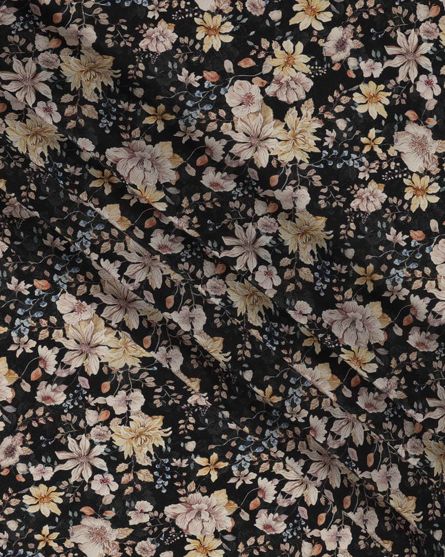 Black Multicolor Floral Printed Viscose Crepe Fabric, Delicate Botanical Pattern with Beige and Yellow Blossoms, 110 Cms Width, Made in India-D23455
