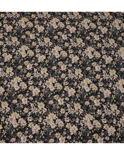 Black Multicolor Floral Printed Viscose Crepe Fabric, Delicate Botanical Pattern with Beige and Yellow Blossoms, 110 Cms Width, Made in India-D23455