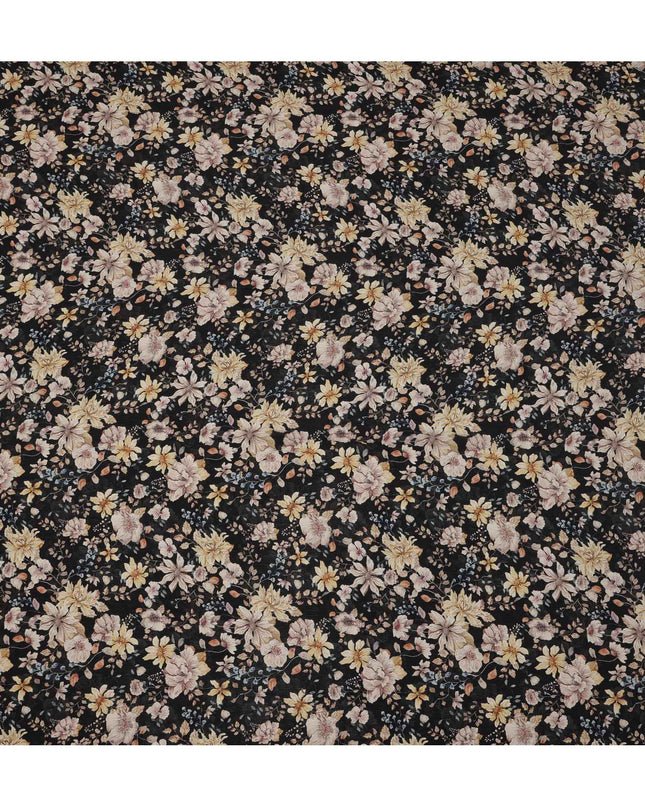 Black Multicolor Floral Printed Viscose Crepe Fabric, Delicate Botanical Pattern with Beige and Yellow Blossoms, 110 Cms Width, Made in India-D23455