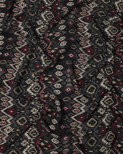Black Maroon Ikat-Inspired Geometric Printed Viscose Crepe Fabric, Ethnic Fusion Pattern in Beige and Grey Accents, 110 Cms Width, Made in India-D23456