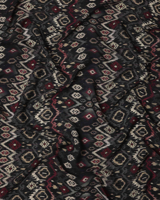 Black Maroon Ikat-Inspired Geometric Printed Viscose Crepe Fabric, Ethnic Fusion Pattern in Beige and Grey Accents, 110 Cms Width, Made in India-D23456