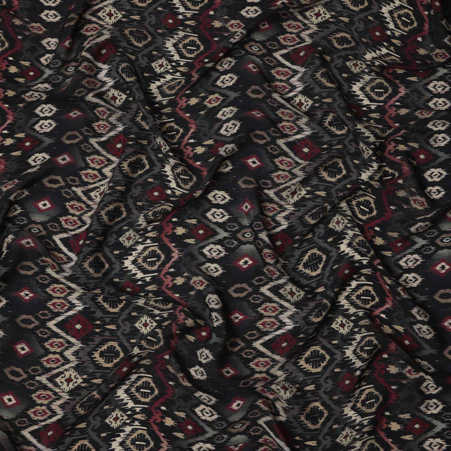 Black Maroon Ikat-Inspired Geometric Printed Viscose Crepe Fabric, Ethnic Fusion Pattern in Beige and Grey Accents, 110 Cms Width, Made in India-D23456