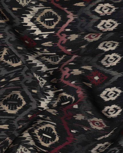 Black Maroon Ikat-Inspired Geometric Printed Viscose Crepe Fabric, Ethnic Fusion Pattern in Beige and Grey Accents, 110 Cms Width, Made in India-D23456