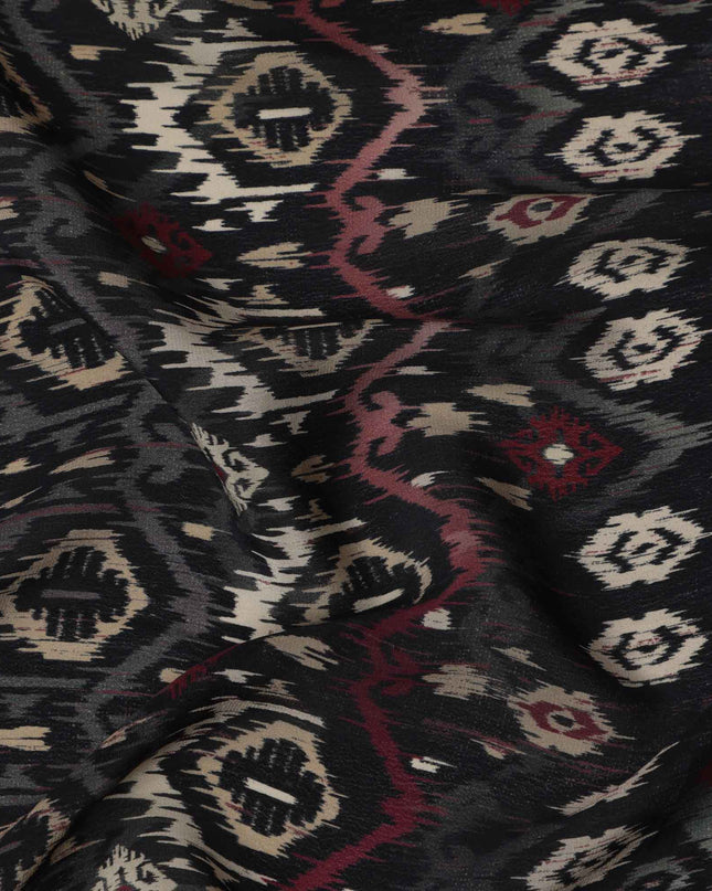 Black Maroon Ikat-Inspired Geometric Printed Viscose Crepe Fabric, Ethnic Fusion Pattern in Beige and Grey Accents, 110 Cms Width, Made in India-D23456