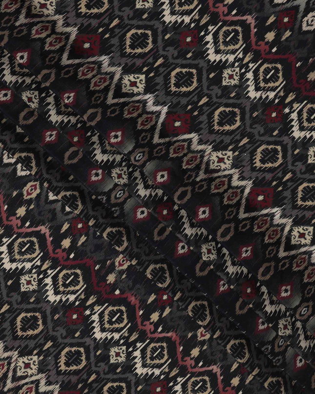 Black Maroon Ikat-Inspired Geometric Printed Viscose Crepe Fabric, Ethnic Fusion Pattern in Beige and Grey Accents, 110 Cms Width, Made in India-D23456