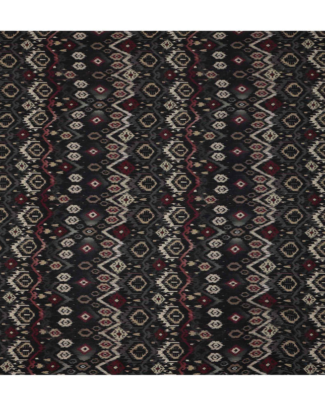 Black Maroon Ikat-Inspired Geometric Printed Viscose Crepe Fabric, Ethnic Fusion Pattern in Beige and Grey Accents, 110 Cms Width, Made in India-D23456