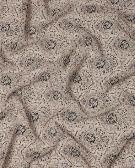 Beige Grey Ethnic Paisley Printed Viscose Crepe Fabric, Mughal-Inspired Floral Motifs in Black and Taupe Accents, 110 Cms Width, Made in India-D23457