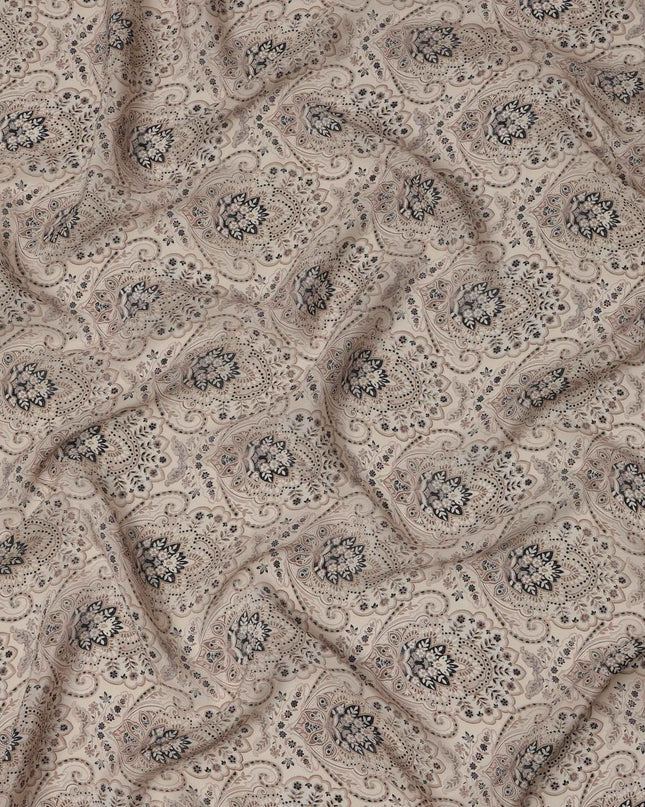 Beige Grey Ethnic Paisley Printed Viscose Crepe Fabric, Mughal-Inspired Floral Motifs in Black and Taupe Accents, 110 Cms Width, Made in India-D23457