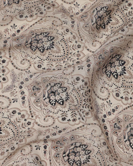 Beige Grey Ethnic Paisley Printed Viscose Crepe Fabric, Mughal-Inspired Floral Motifs in Black and Taupe Accents, 110 Cms Width, Made in India-D23457