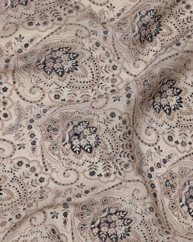 Beige Grey Ethnic Paisley Printed Viscose Crepe Fabric, Mughal-Inspired Floral Motifs in Black and Taupe Accents, 110 Cms Width, Made in India-D23457