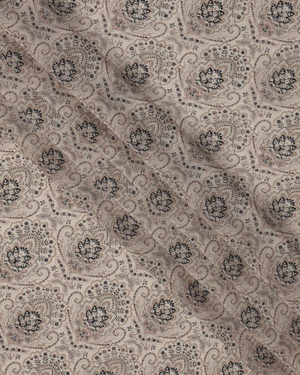 Beige Grey Ethnic Paisley Printed Viscose Crepe Fabric, Mughal-Inspired Floral Motifs in Black and Taupe Accents, 110 Cms Width, Made in India-D23457