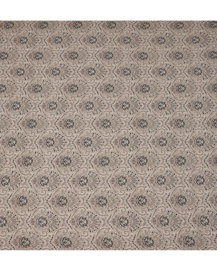 Beige Grey Ethnic Paisley Printed Viscose Crepe Fabric, Mughal-Inspired Floral Motifs in Black and Taupe Accents, 110 Cms Width, Made in India-D23457