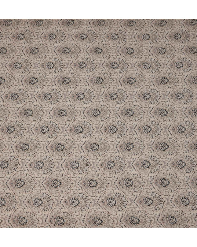 Beige Grey Ethnic Paisley Printed Viscose Crepe Fabric, Mughal-Inspired Floral Motifs in Black and Taupe Accents, 110 Cms Width, Made in India-D23457