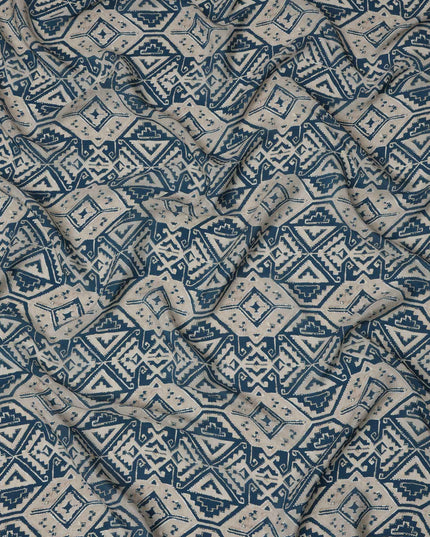 Beige and Blue Geometric Tribal Printed Viscose Crepe Fabric, Ethnic Pattern Detailing with Angular Motifs, 110 Cms Width, Made in India-D23460