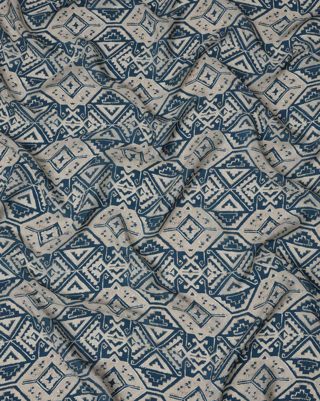 Beige and Blue Geometric Tribal Printed Viscose Crepe Fabric, Ethnic Pattern Detailing with Angular Motifs, 110 Cms Width, Made in India-D23460