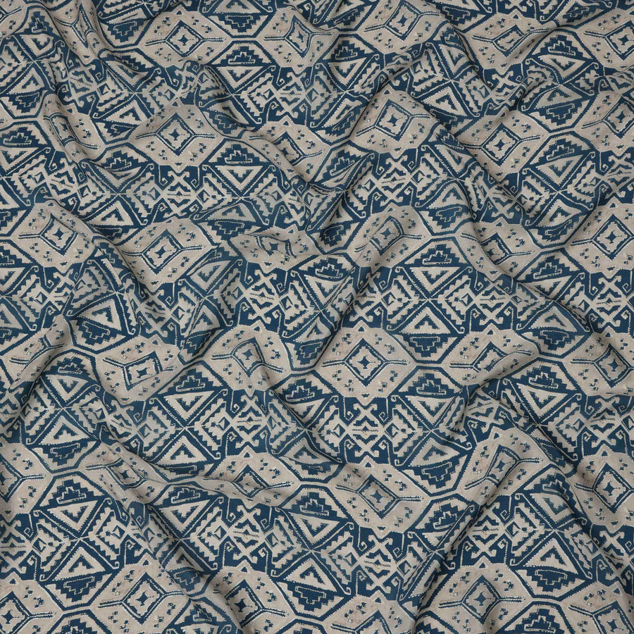 Beige and Blue Geometric Tribal Printed Viscose Crepe Fabric, Ethnic Pattern Detailing with Angular Motifs, 110 Cms Width, Made in India-D23460