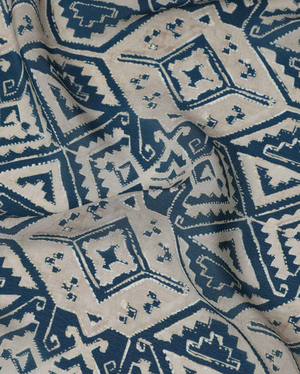 Beige and Blue Geometric Tribal Printed Viscose Crepe Fabric, Ethnic Pattern Detailing with Angular Motifs, 110 Cms Width, Made in India-D23460