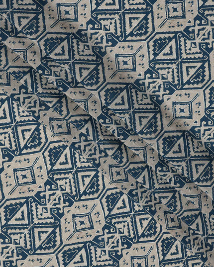 Beige and Blue Geometric Tribal Printed Viscose Crepe Fabric, Ethnic Pattern Detailing with Angular Motifs, 110 Cms Width, Made in India-D23460