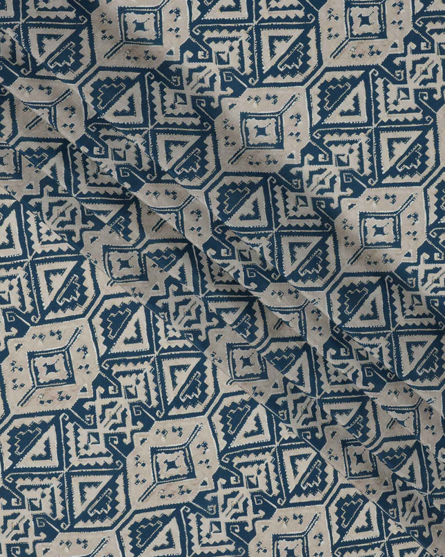 Beige and Blue Geometric Tribal Printed Viscose Crepe Fabric, Ethnic Pattern Detailing with Angular Motifs, 110 Cms Width, Made in India-D23460