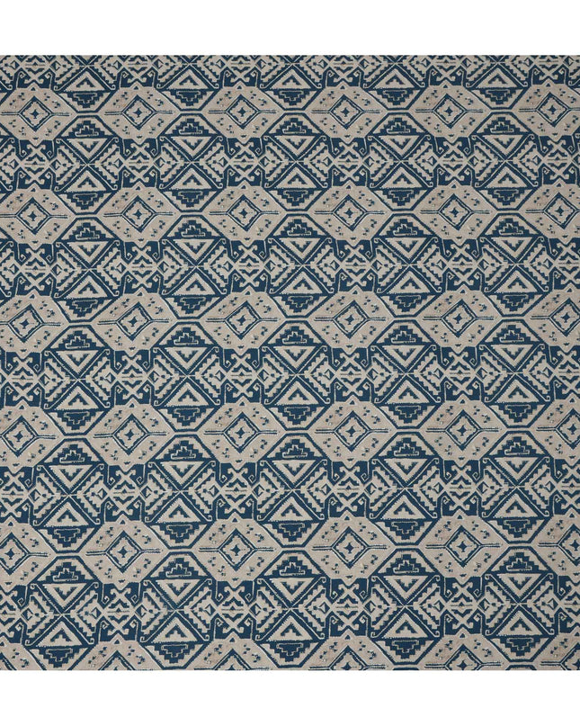 Beige and Blue Geometric Tribal Printed Viscose Crepe Fabric, Ethnic Pattern Detailing with Angular Motifs, 110 Cms Width, Made in India-D23460